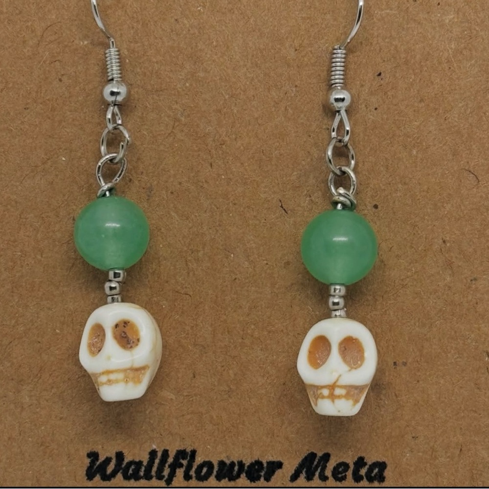 Wallflower meta aventurine and Skull Earrings